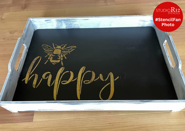 Bee Happy Stencil by StudioR12 | DIY Farmhouse Bumblebee Home & Classroom Decor | Spring Script Inspirational Word Art | Craft & Paint Wood Signs | Select Size | STCL3468