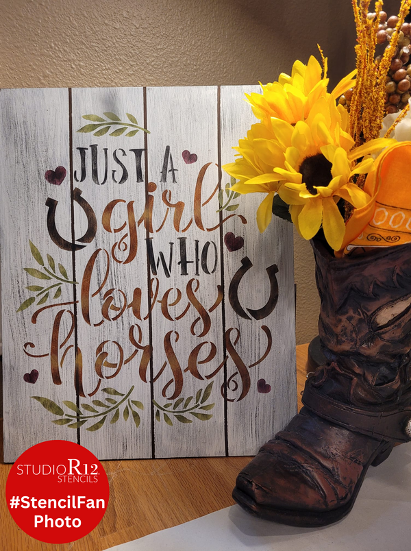 Girl Who Loves Horses Stencil by StudioR12 | DIY Country Farmhouse Laurel Home Decor | Craft & Paint Wood Sign | Cursive Script Heart | Select Size | STCL3444