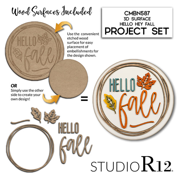 Hello Fall with Leaves Unfinished Stacked Sign Set by Studio R12 | 3D Round Door Hanger Kit with Wood Cutouts | Paint DIY Autumn Home Decor | CMBN587