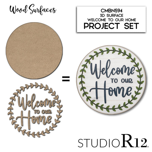 Welcome To Our Home Unfinished Stacked Sign Set by StudioR12 | DIY Front Door Hanger Kit for Painting | 3D Wood Lettering Cutout Sign | CMBN594