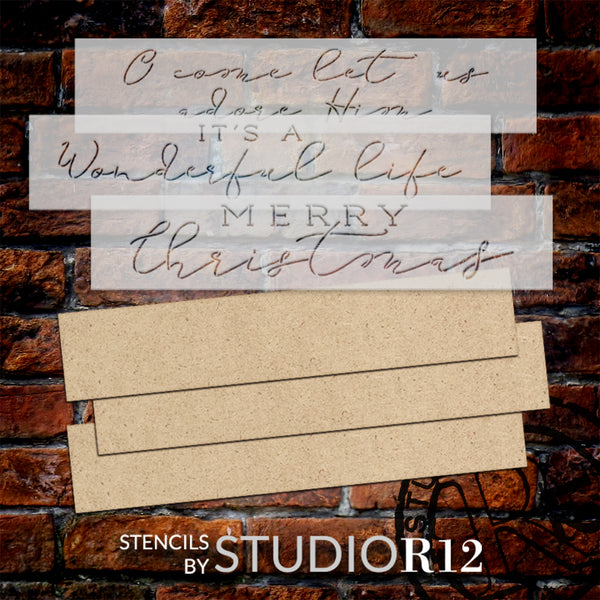 Classic Christmas Quotes Project Set | Set of 3 Stencils & Wood Surfaces | It's a Wonderful Life, O Come Let Us Adore Him, Merry Christmas | CMBN684