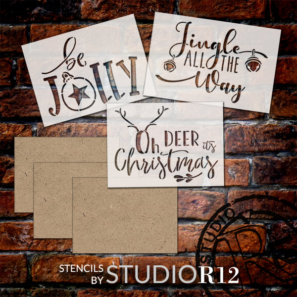 Jingle & Jolly Christmas Project Set | Set of 3 Holiday Stencils & Wood Surfaces | Oh Deer It's Christmas, Be Jolly, Jingle All The Way | CMBN685