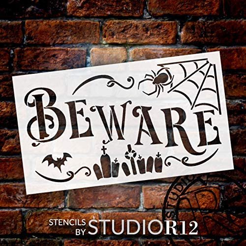 Beware Stencil with Spider Web by StudioR12 | DIY Haunted Halloween Gravestone Home Decor | Craft & Paint Wood Signs | Select Size | STCL3459