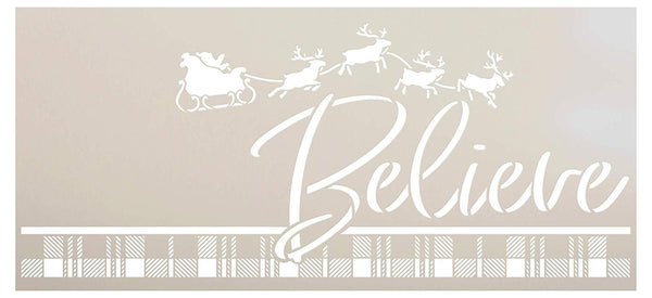 Believe Buffalo Plaid Stencil with Santa's Sleigh by StudioR12 | DIY Reindeer Antler Christmas Home Decor | Craft & Paint Holiday Wood Signs | Reusable Mylar Template | Select Size