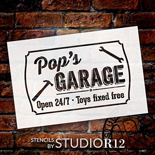 Pop's Garage - Open 24/7 Sign Stencil by StudioR12 | Reusable Mylar Template | Use to Paint Wood Signs - Pallets - DIY Grandpa Gift - Select Size (21