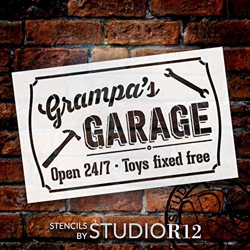 Grampa's Garage - Open 24/7 Sign Stencil by StudioR12 | Reusable Mylar Template | Use to Paint Wood Signs - Pallets - DIY Grandpa Gift - Select Size (25
