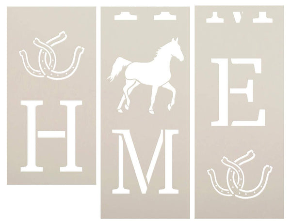 Home Tall Porch Stencil by StudioR12 | Trotting Horse & Horseshoes | 3 Piece | DIY Large Vertical Country Farmhouse Outdoor Decor | Craft & Paint Wood Leaner Signs | Reusable Mylar Template | Size 6ft