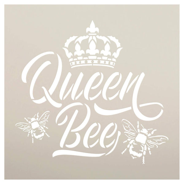 Queen Bee Stencil with Crown by StudioR12 | DIY Farmhouse Script Home Decor | Cursive Rustic Country Word Art | Craft & Paint Wood Signs | Reusable Mylar Template | Select Size