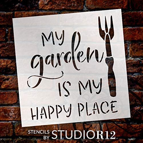 My Garden is My Happy Place Stencil with Hand Rake by StudioR12 | DIY Fun Outdoor Spring Backyard Home Decor | Craft & Paint Farmhouse Wood Signs | Reusable Mylar Template | Select Size | STCL3353