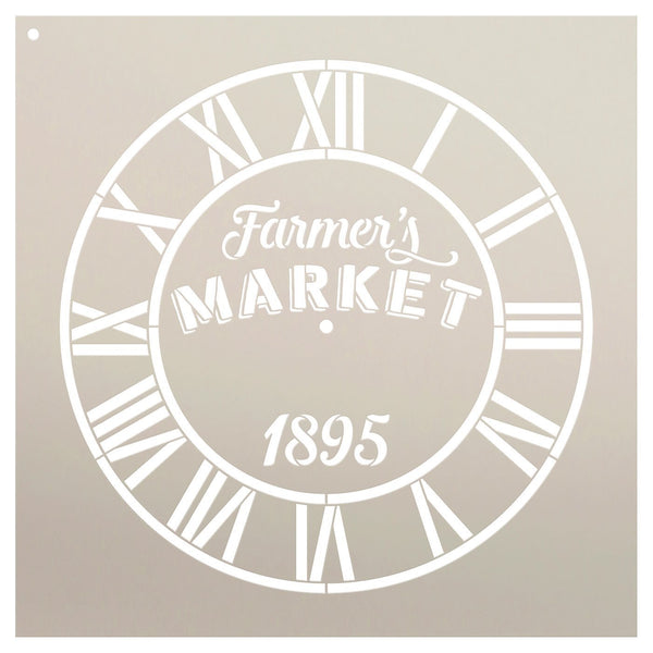 Round Clock Stencil - Industrial Roman Numerals - Farmers Market Words - Small to Extra Large DIY Painting on Wood Home Decor - Select Size | STCL2434