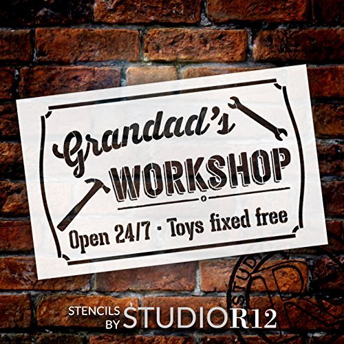 Grandad's Workshop - Open 24/7 Sign Stencil by StudioR12 | Reusable Mylar Template | Use to Paint Wood Signs - Pallets - DIY Grandpa Gift - Select Size (9