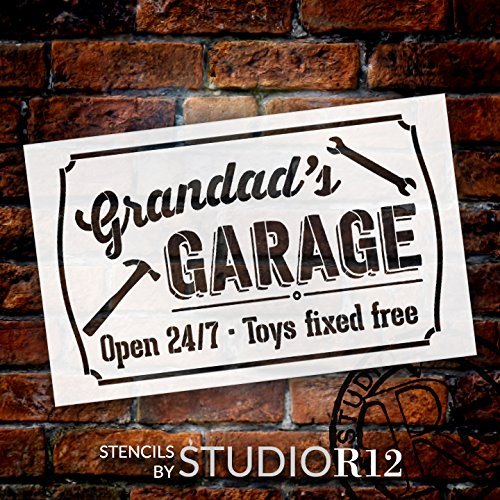 Grandad's Garage - Open 24/7 Sign Stencil by StudioR12 | Reusable Mylar Template | Use to Paint Wood Signs - Pallets - DIY Grandpa Gift - Select Size (25