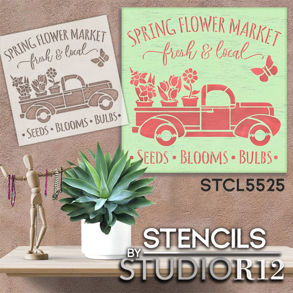 Spring Flower Market Stencil with Vintage Truck by StudioR12 | DIY Floral Farmhouse Home Decor | Craft & Paint Wood Signs | Select Size | STCL5525