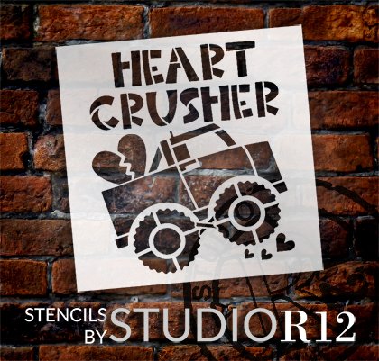 Heart Crusher Stencil with Monster Truck by StudioR12 | Fun DIY Boys Valentine | Craft & Paint Wood Signs and Home Decor | Select Size | STCL5562