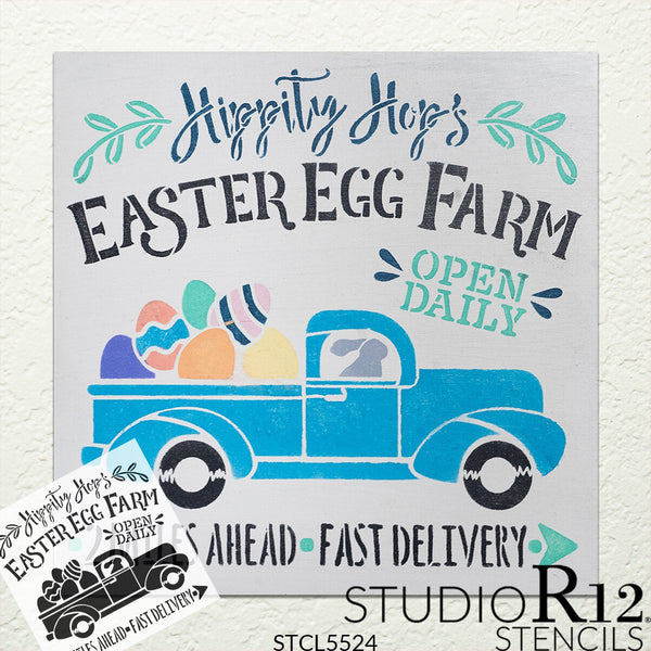 Hippity Hop's Easter Egg Farm Stencil with Vintage Truck by StudioR12 | DIY Spring Farmhouse Home Decor | Paint Wood Sign | Select Size | STCL5524