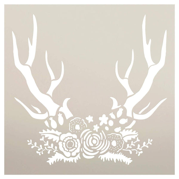 Antler & Flowers Boho Stencil by StudioR12 | DIY Rustic Rose Deer Hunting Gift | Garden She Shed Home Decor | Craft Nature Outdoor Farmhouse | Reusable Mylar Template | Paint Wood Sign