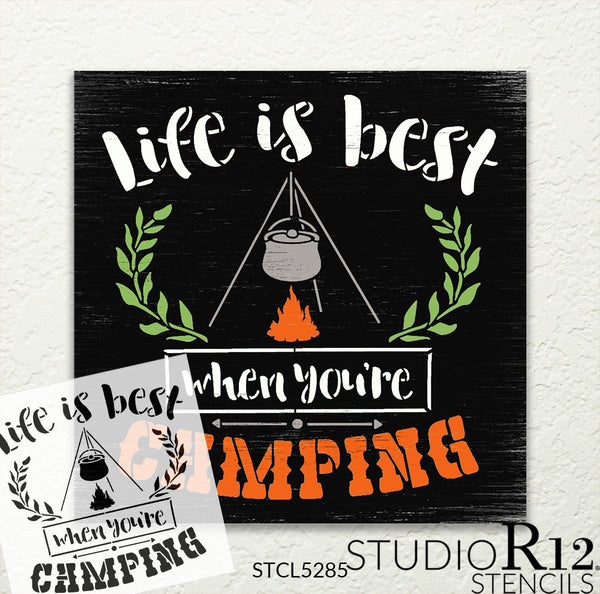 Life is Best When Camping Stencil with Campfire by StudioR12 | DIY Camper Travel Adventure Home Decor | Paint Wood Signs | Select Size STCL5285