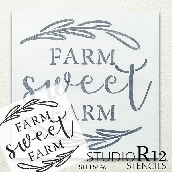 Farm Sweet Farm Stencil with Laurels by StudioR12 | DIY Country Farmhouse Home Decor | Craft & Paint Rustic Wood Signs | Select Size | STCL5646