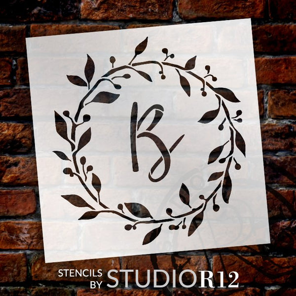Cursive Monogram Stencil with Leaf & Berries by StudioR12 | DIY Farmhouse Home Decor | Craft & Paint Wood Signs | Select Size & Letter | STCL5332