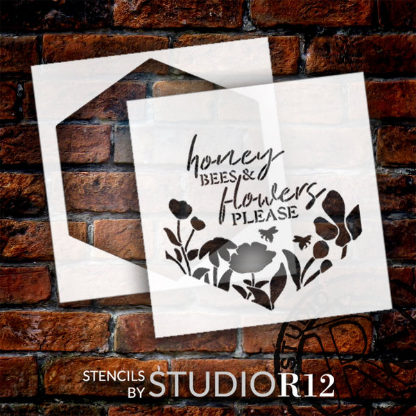 Honey Bees & Flowers Please 2 Part Stencil by StudioR12 | Honey Beehive, Floral | Craft DIY Garden & Patio Decor | Easy Painting Ideas | Select Size | STCL6372