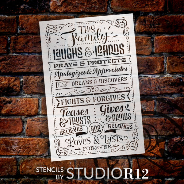 This Family Laughs & Learns House Rules Stencil by StudioR12 - Select Size - USA Made - Craft DIY Farmhouse Living Room Home Decor | Paint Wood Sign | STCL6423