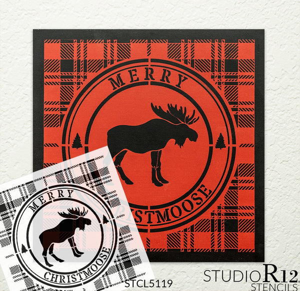 Merry Christmoose Stencil by StudioR12 | DIY Winter Plaid Pine Tree Home Decor Gift | Craft & Paint Wood Sign | Reusable Mylar Template | Select Size