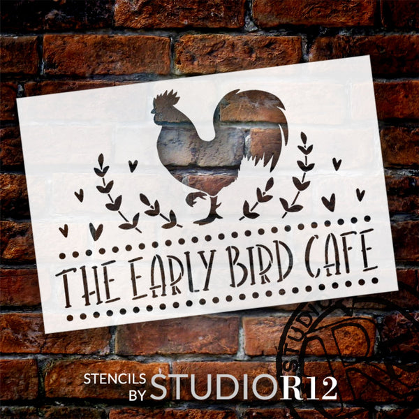 The Early Bird Cafe Rooster Stencil by StudioR12 | Craft DIY Rustic Home Decor | Paint Kitchen Sign | Select Size | STCL6274