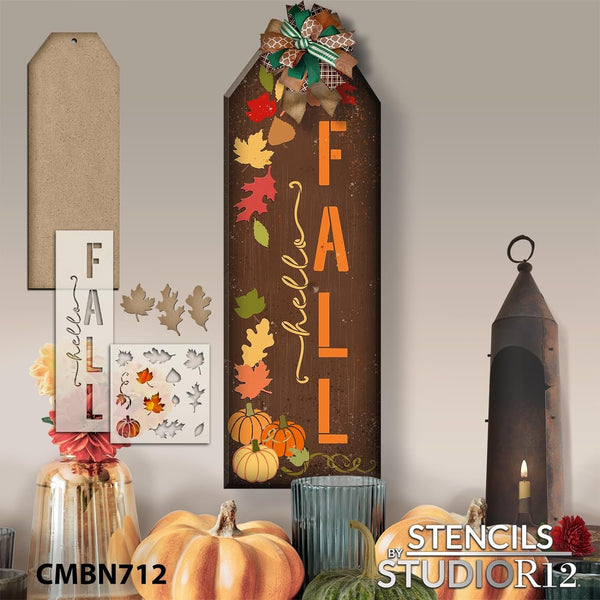 Hello Fall Tag Sign Project Set by StudioR12 - USA Made - DIY Seasonal Pumpkin & Leaf Home Decor - Surface & Stencil Kit - CMBN712