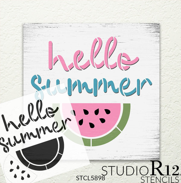 Hello Summer Stencil with Watermelon by StudioR12 | Craft DIY Cursive Script Home Decor | Paint Wood Sign | Reusable Mylar Template | Select Size | STCL5898
