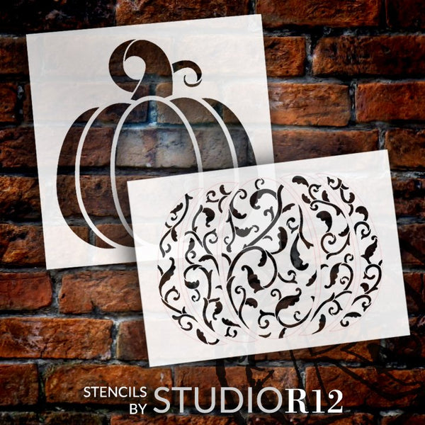Victorian Vine Pumpkin 2 Part Stencil by StudioR12 | DIY Fall Home & Kitchen Decor | Craft & Paint Wood Signs for Autumn | Size 14 x 14 inches | STCL5441