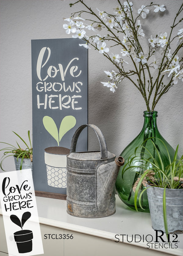Love Grows Here Stencil with Flower by StudioR12 | DIY Farmhouse Spring Kitchen & Home Decor | Craft & Paint Garden Wood Signs | Reusable Mylar Template | Select Size