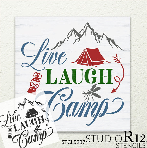 Live Laugh Camp Stencil with Tent & Lantern by StudioR12 | DIY Outdoor Mountain Home Decor | Paint Camping Wood Signs | Select Size | STCL5287