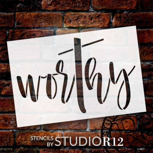 Worthy Script with Cross Stencil by StudioR12 | Craft DIY Religious Home Decor | Paint Faith Wood Sign | Reusable Mylar Template | Select Size | STCL6128