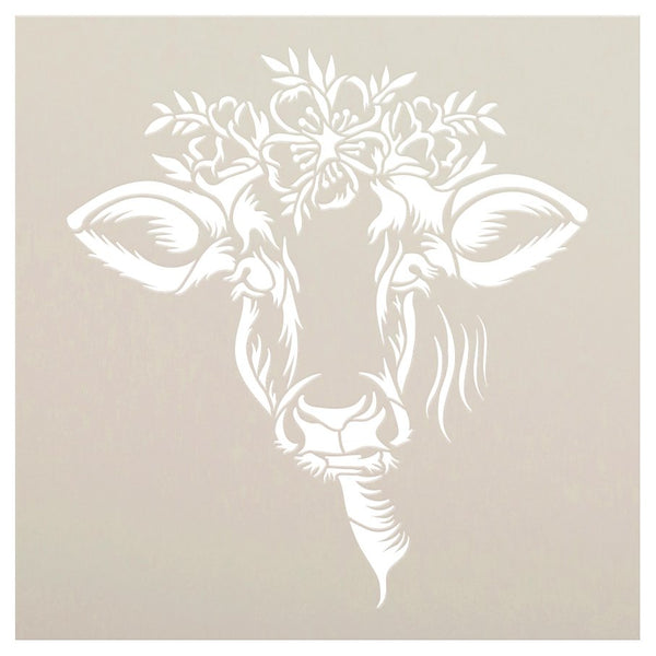 Cow Head Stencil with Flower Crown by StudioR12 | DIY Farmhouse Home Decor | Craft & Paint Rustic Country Wood Signs | Select Size | STCL5591