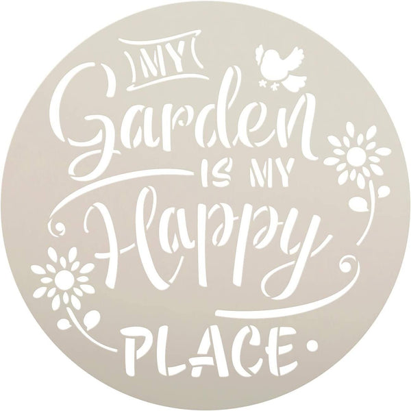 Garden Happy Place Stencil by StudioR12 | Flower - Bird | Reusable Mylar Template Paint Round Wood Sign | Craft DIY Home Decor Cursive Script Nature Gift - Porch | Select Size | STCL3522