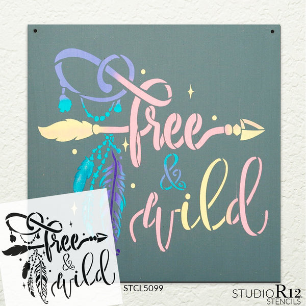 Wild & Free Stencil by StudioR12 | DIY Boho Bohemian Feather Arrow Home Decor Gift | Craft & Paint Wood Sign | Reusable Mylar Template | Select Size (9 inches x 9 inches)
