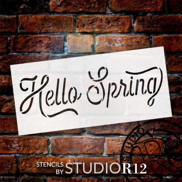 Hello Spring Script Stencil by StudioR12 | Craft DIY Spring Home Decor | Paint Seasonal Wood Sign | Reusable Mylar Template | Select Size | STCL6144