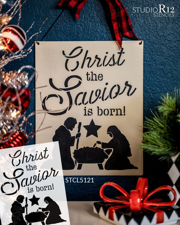 Christ The Savior is Born Stencil with Manger & Star by StudioR12 | DIY Faith Home Decor | Christmas Script Word Art | Select Size