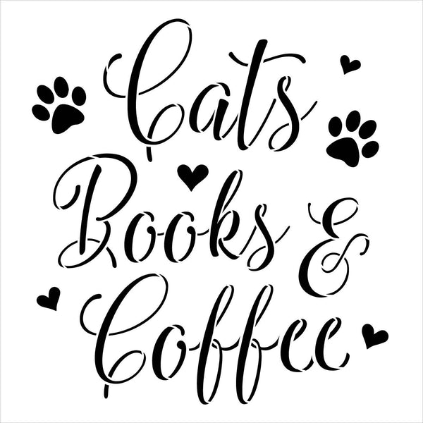 Cats Books & Coffee Stencil with Paw Prints and Hearts by StudioR12 | DIY Pet & Animal Lover Home Decor | Craft & Paint | Select Size