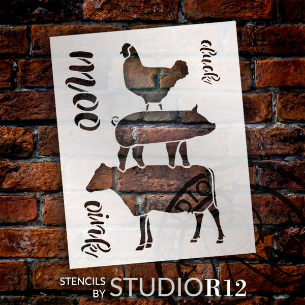 Cluck Oink Moo Stencil by StudioR12 | Chicken Pig Cow | Craft DIY Farmhouse Home Decor | Paint Wood Sign | Reusable Mylar Template | Select Size | STCL5643