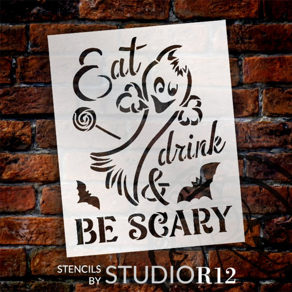 Eat Drink & Be Scary Stencil by StudioR12 | DIY Autumn Halloween Ghost Home Decor | Craft & Paint Fall Wood Sign Reusable Mylar Template | Select Size | STCL5720