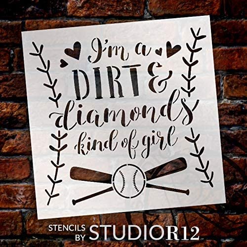 Dirt Diamond Girl Stencil by StudioR12 | DIY Softball Baseball Lover Sport Home Decor | Craft & Paint Wood Sign Reusable Mylar Template | Bat Heart Stitch Pattern | Select Size