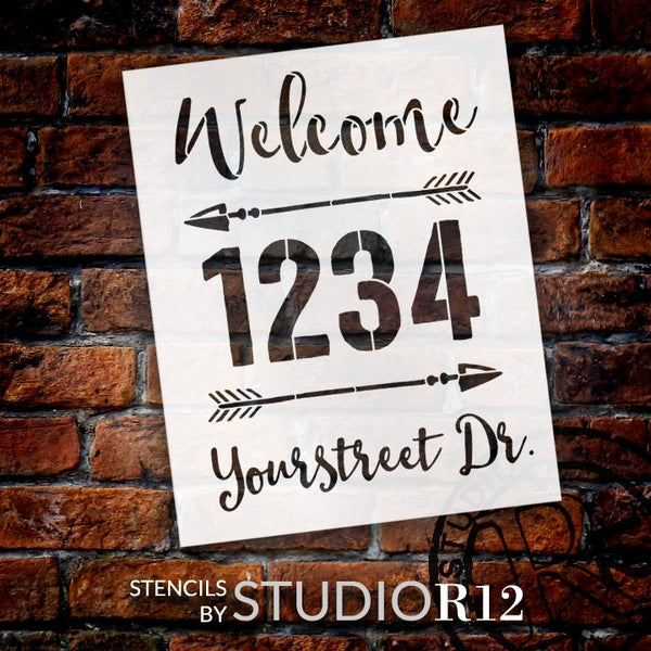 Personalized Welcome Script Address Stencil with Arrows by StudioR12 | Craft & Paint DIY Custom House Number Wood Sign | Select Size | PRST5428