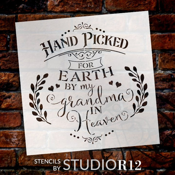 Hand Picked by My Grandma in Heaven Stencil with Hearts by StudioR12 | DIY Script Faith Nursery Decor | Paint Wood Signs | Select Size STCL5346