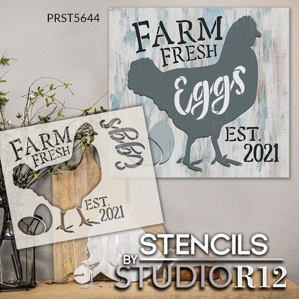 Personalized Farm Fresh Eggs Stencil by StudioR12 | Custom Established Date | DIY Farmhouse Chicken Decor for Kitchen | Select Size | PRST5644