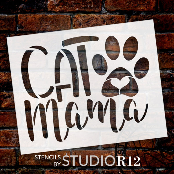 Cat Mama Stencil by StudioR12 | Craft DIY Kitty Pawprint Heart Home Decor | Paint Pet Parent Wood Sign | Reusable Mylar Template | Select Size | STCL5781