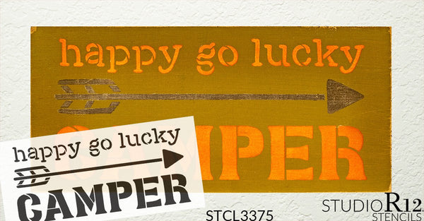 Happy Go Lucky Camper Stencil by StudioR12 | DIY Arrow Home Decor | Craft & Paint Wood Sign | Reusable Mylar Template | Gift - Adventure - Children - Family | Select Size (18 inches x 8.25 inches)