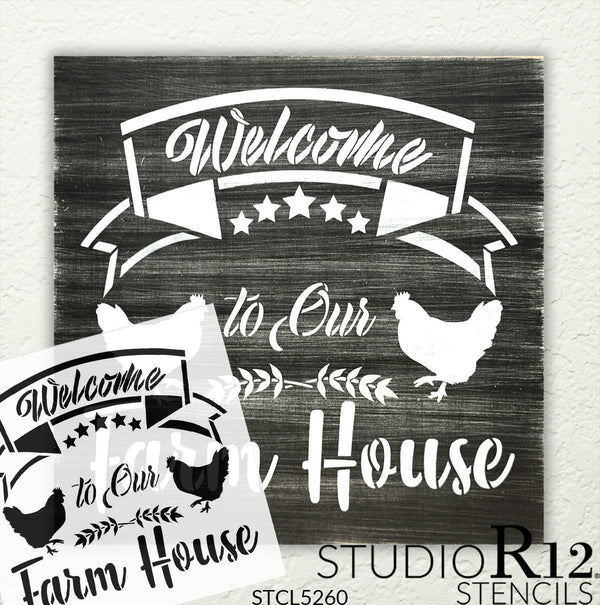 Welcome to Our Farm House Stencil by StudioR12 | DIY Family Star Chicken Home Decor | Craft & Paint Wood Sign | Reusable Mylar Template | Select Size