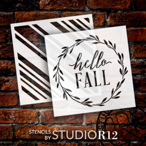 Hello Fall with Wreath & Plaid Stencil Set by StudioR12 - Select Size - USA Made - DIY Autumn Seasonal Wall Decor | Craft & Paint Farmhouse Signs | CMBN644
