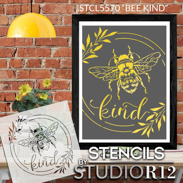 Bee Kind Stencil with Laurels by StudioR12 | DIY Spring Home Decor | Craft & Paint Inspirational Wood Signs | Select Size | STCL5570